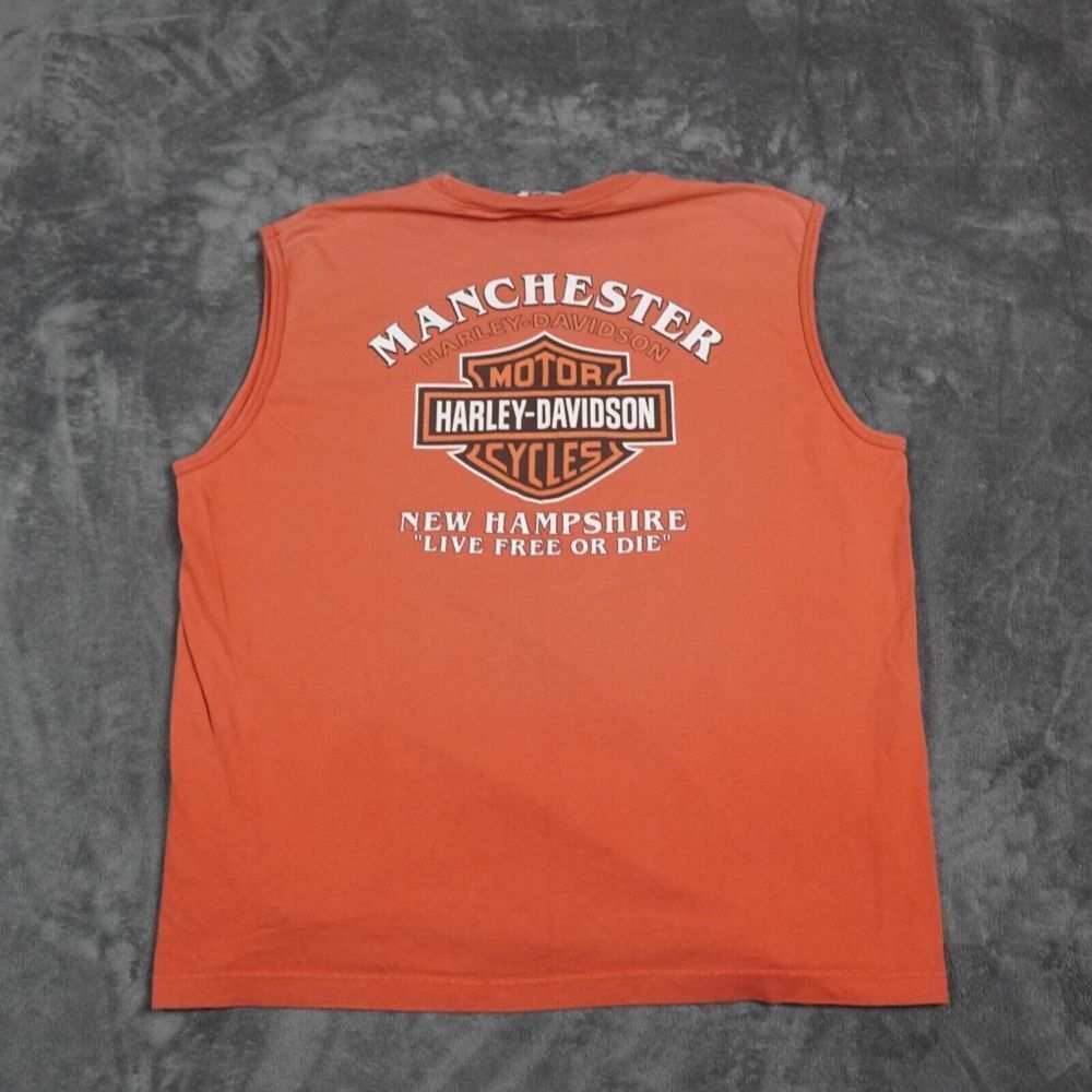 Vintage Harley Davidson Tank Top Mens XXL Orange Skull Logo Rear Logo Manchester